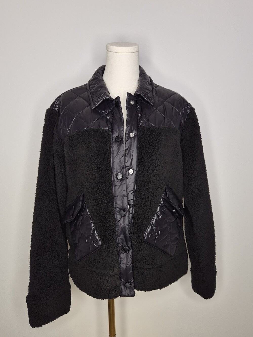 Calvin Klein Mixed Media Sherpa Quilted Jacket M Black